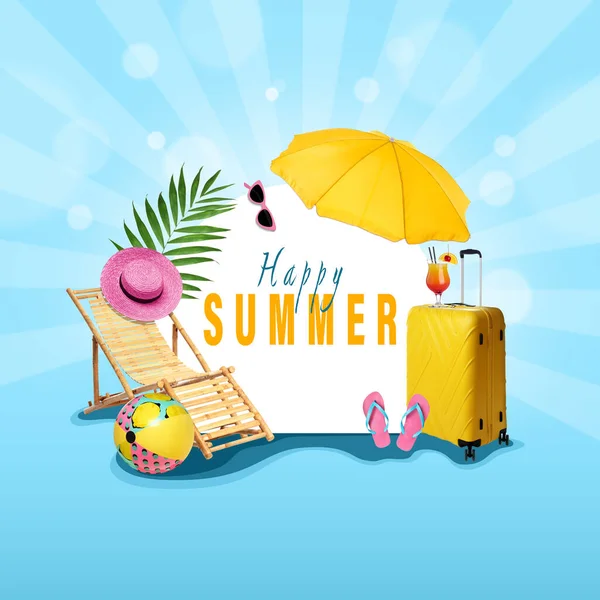 Phrase Happy Summer Different Beach Accessories Deck Chair Suitcase Light — Stock Photo, Image