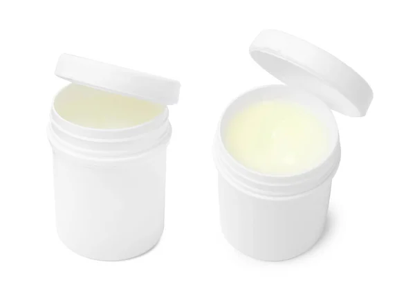 Petroleum Jelly Jar White Background Different Sides Cosmetic Petrolatum — Stock Photo, Image
