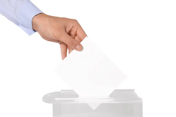 Man Putting His Vote Ballot Box White Background Closeup — Stock Photo, Image