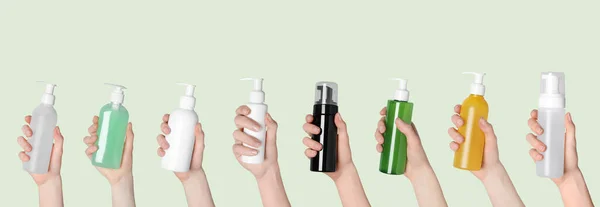 Face Body Wash Women Holding Bottles Different Cosmetic Products Pale — Stock Photo, Image