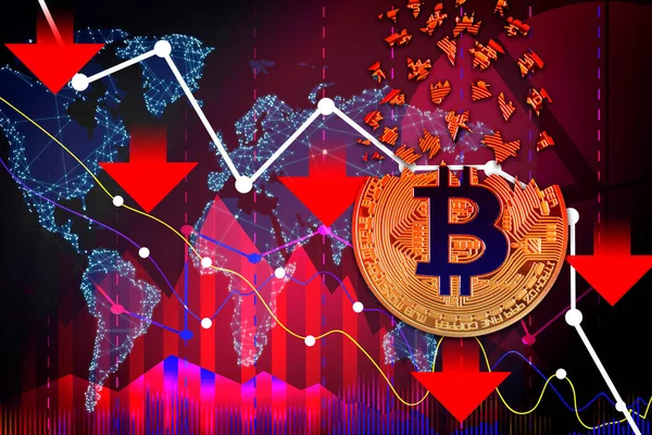Zusammenbruch Der Kryptowährungen Collage Mit Bitcoin Digitaler Weltkarte Und Datendiagrammen — Stockfoto