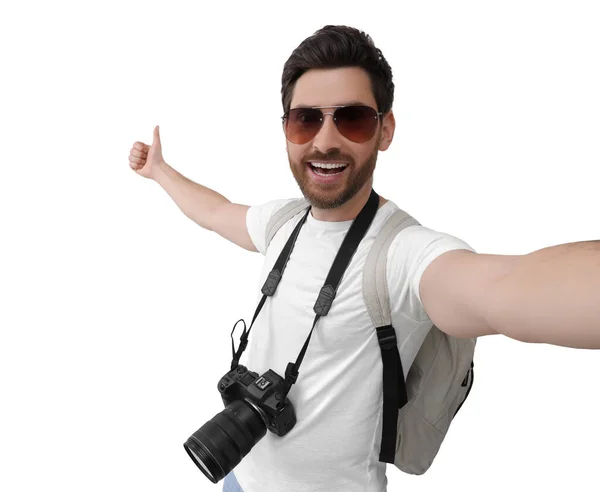 Homme Souriant Avec Caméra Prenant Selfie Montrant Les Pouces Sur — Photo