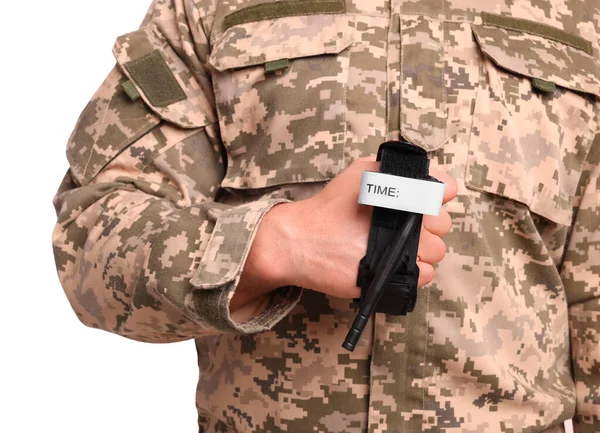 Soldier Military Uniform Holding Medical Tourniquet White Background Closeup — Stock Photo, Image