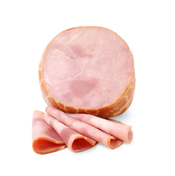 Helft Van Heerlijke Ham Plakjes Geïsoleerd Wit — Stockfoto