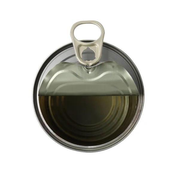 一个开着的铁罐可以隔离在白色的顶部视图上 — 图库照片