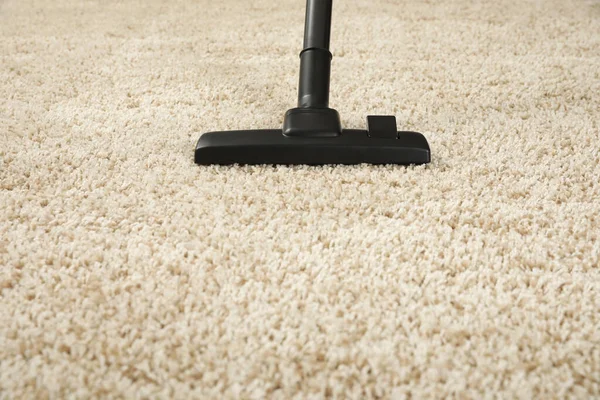 Removing Dirt Beige Carpet Modern Vacuum Cleaner Space Text — Stock Photo, Image