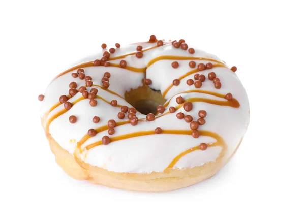 Lekker Geglazuurde Donut Versierd Met Hagelslag Geïsoleerd Wit — Stockfoto