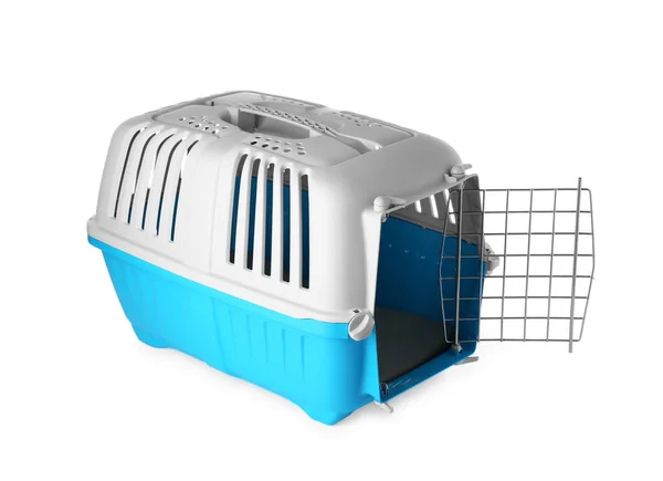 stock image Light blue pet carrier isolated on white