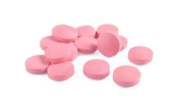 Stapel Roze Pillen Witte Achtergrond — Stockfoto