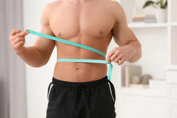 Athletic Man Measuring Waist Tape Home Closeup Weight Loss Concept — Stock Photo, Image