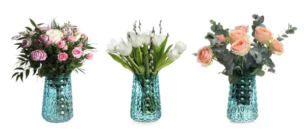 Koláž Stylové Vázy Různými Kyticemi Bílém Pozadí — Stock fotografie