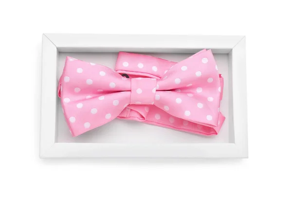 Gravata Arco Rosa Elegante Com Padrão Bolinhas Fundo Branco Vista — Fotografia de Stock