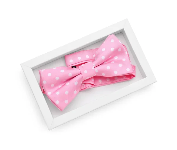 Gravata Arco Rosa Elegante Com Padrão Bolinhas Fundo Branco Vista — Fotografia de Stock