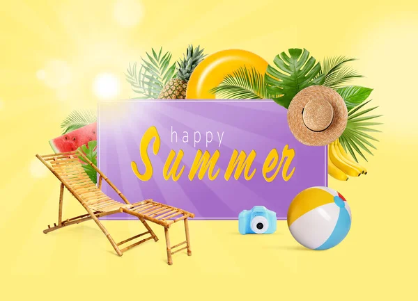 Phrase Happy Summer Different Beach Accessories Deck Chair Green Leaves — Stock Photo, Image