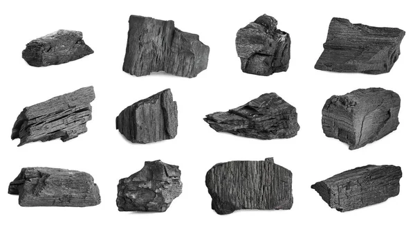 Colagem Com Diferentes Pedaços Carvão Vegetal Sobre Fundo Branco — Fotografia de Stock