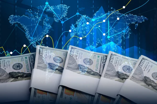 Foreign exchange market. Double exposure of money, digital currency charts and world map, closeup