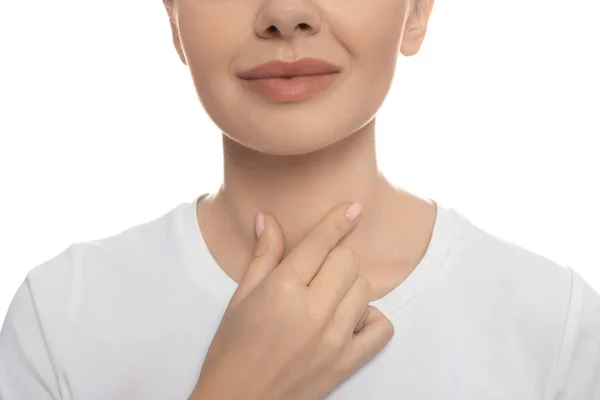 Endocrine System Woman Doing Thyroid Self Examination White Background Closeup — Stok Foto