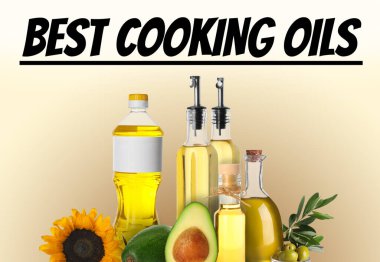 Yemek yapmak için en iyisi. Bej arkaplanda farklı yağlar ve malzemeler