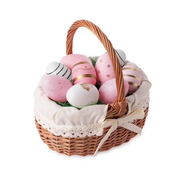 Wicker Basket Beautifully Painted Easter Eggs Isolated White — Stock Photo, Image