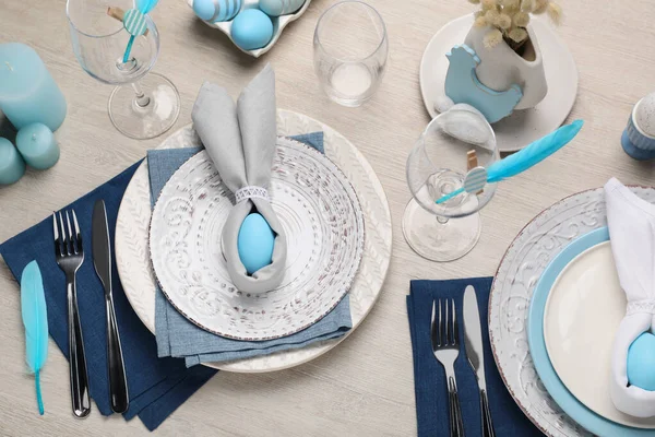 Festive Table Setting Bunny Ears Made Light Blue Eggs Napkins — Stock Photo, Image