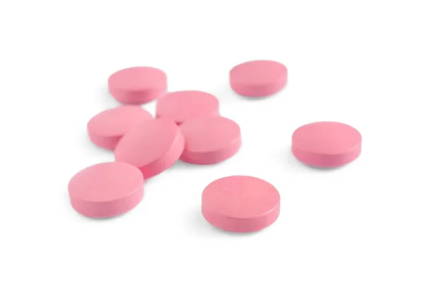 Много Круглых Розовые Таблетки Белом Фоне — стоковое фото