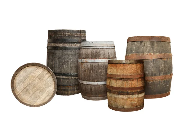Many Different Wooden Barrels White Background — Stock Photo, Image