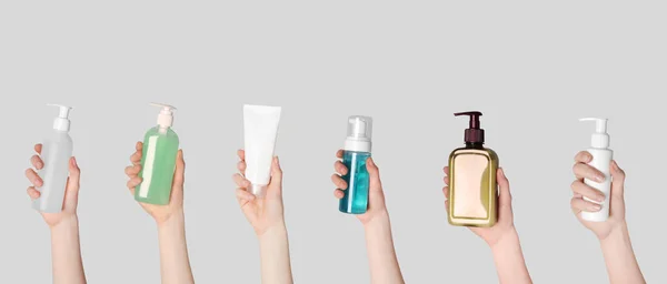 Face and body wash. Women holding bottles and tube of different cosmetic products on light gray background, closeup. Collage design