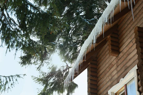 House Icicles Roof Low Angle View Winter Season Stock Picture