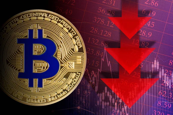 Zusammenbruch Der Kryptowährungen Collage Mit Bitcoin Und Datendiagrammen — Stockfoto