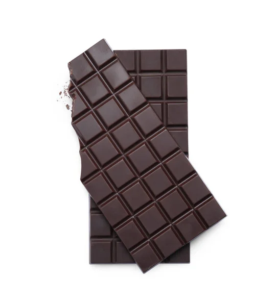 Delicious Dark Chocolate Bars White Background Top View — Stock Photo, Image