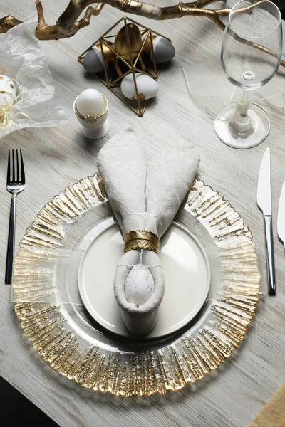 Πασχαλινό Τραπέζι Αυτιά Κουνελιού Από Αυγό Και Πετσέτα Πάνω Όψη — Φωτογραφία Αρχείου