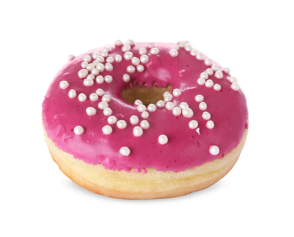 Leckere Glasierte Donut Mit Streusel Isoliert Auf Weiß — Stockfoto