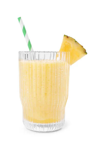 Glas Välsmakande Ananas Smoothie Isolerad Vitt — Stockfoto
