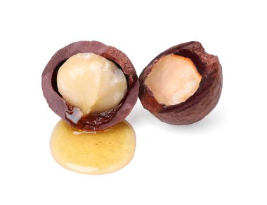 Lezzetli organik Macadamia fındıkları beyaza izole edilmiş.