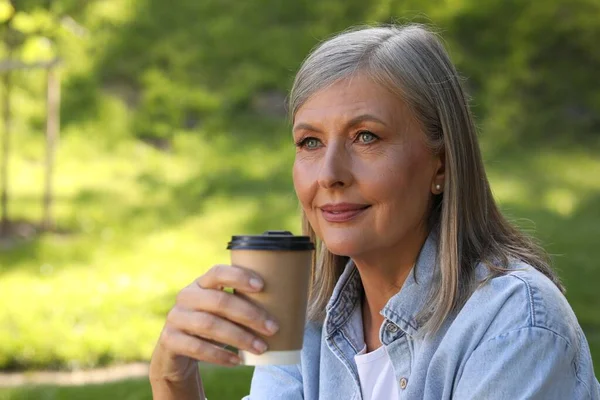 Portrait Beautiful Senior Woman Paper Cup Coffee Outdoors — Stock Photo, Image