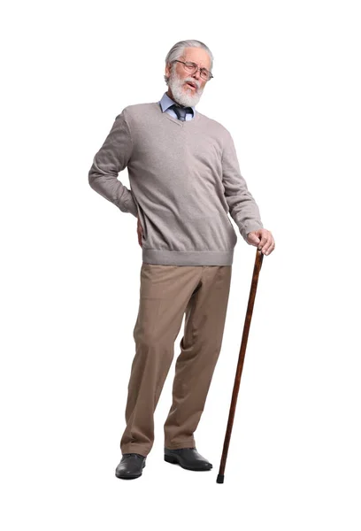 Älterer Mann Mit Gehstock Leidet Unter Rückenschmerzen Auf Weißem Hintergrund — Stockfoto
