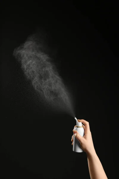 Nasal Congestion Woman Spraying Remedy Bottle Black Background Closeup — Stock Photo, Image