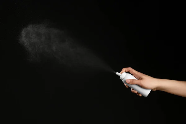 Nasal Congestion Woman Spraying Remedy Bottle Black Background Closeup — Stock Photo, Image