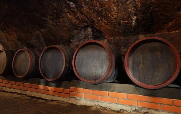 Πολλά Βαρέλια Κρασί Αποθηκεύονται Στο Ράφι Στο Κελάρι — Φωτογραφία Αρχείου