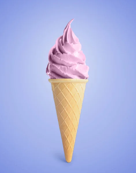 Ízletes Bogyós Jégkrém Gofri Tölcsérben Pasztell Kék Háttérrel Puha Tálalás — Stock Fotó