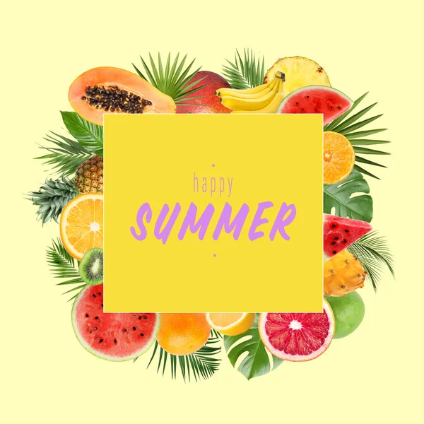Phrase Happy Summer Frame Different Juicy Fruits Green Leaves Pale — Stock Photo, Image