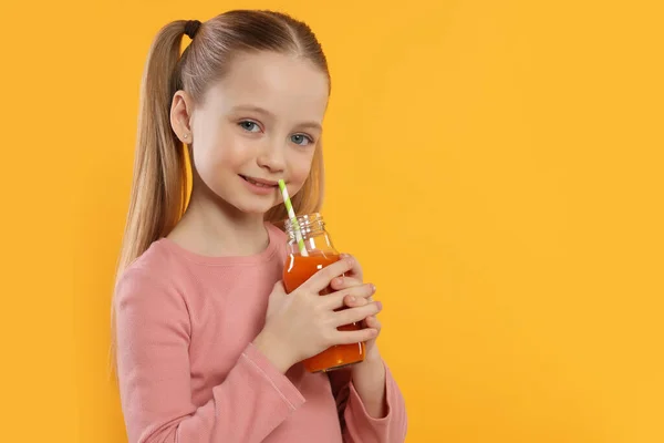 Cute Little Girl Glass Fresh Juice Orange Background Space Text — Stock Photo, Image