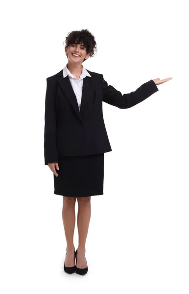 Vacker Glad Affärskvinna Kostym Vit Bakgrund — Stockfoto