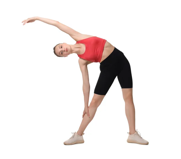 Yoga Træning Ung Kvinde Strækker Sig Hvid Baggrund - Stock-foto