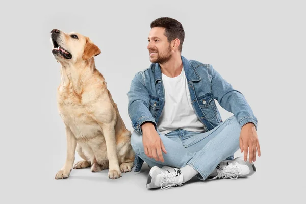 愛らしいラブラドールを持つ男ライトグレーの背景に取得犬 可愛いペット — ストック写真