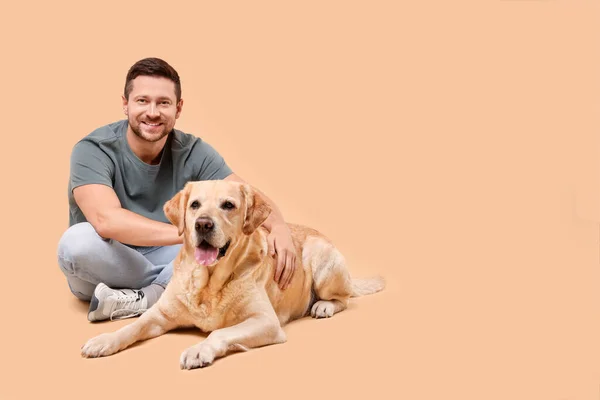 愛らしいラブラドールを持つ男ベージュの背景に犬を取得 テキストのためのスペース 可愛いペット — ストック写真