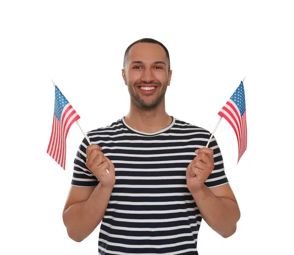 Julio Día Independencia Estados Unidos Hombre Feliz Con Banderas Americanas —  Fotos de Stock