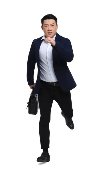 白い背景で実行されているブリーフケースとスーツのビジネスマン — ストック写真