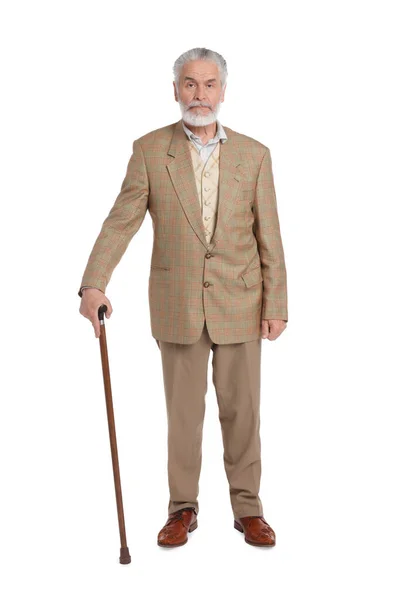 Senior Man Walking Cane White Background — Stock Photo, Image