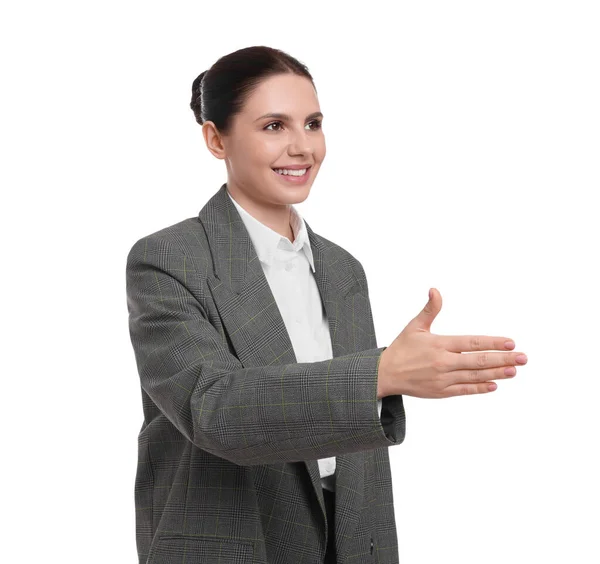 白い背景の上にスーツを着た美しい幸せなビジネス女性 — ストック写真